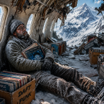 Vinyl DJ surrounded by our records in the snow.