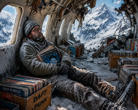 Vinyl DJ surrounded by our records in the snow.