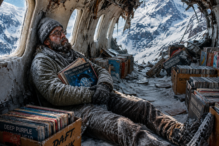 Vinyl DJ surrounded by our records in the snow.